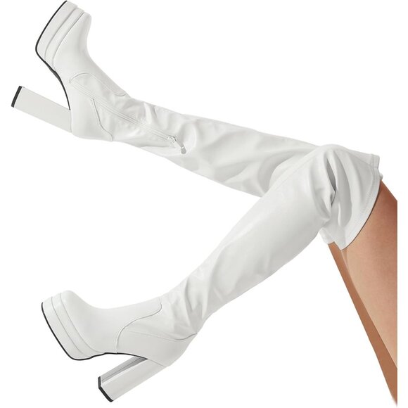 Women's White Polyurethane (PU) Square Toe Over The Knee Thigh High Long Boots - Picture 5 of 6